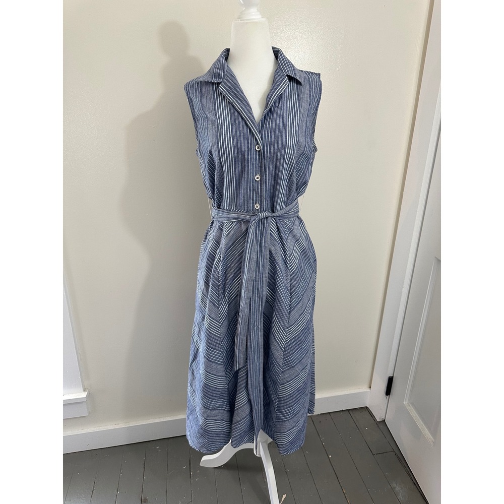 Amy Kuschel Blue White Striped Cotton Linen Sleeveless Midi Shirt Dress M